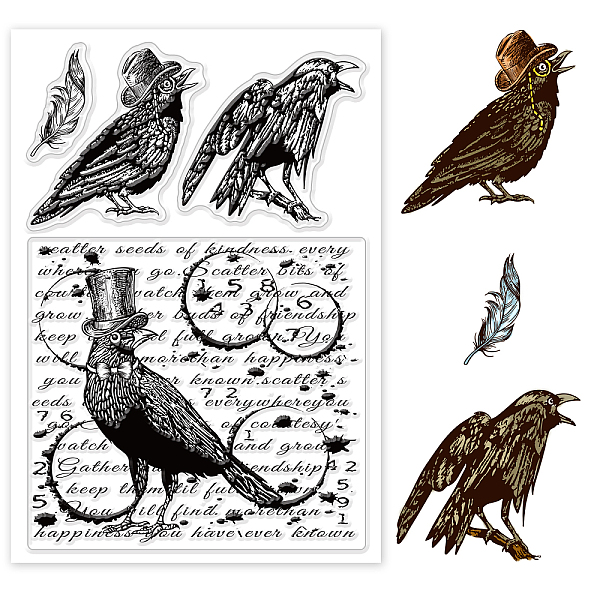 

PandaHall GLOBLELAND Raven with Gentleman's Hat Clear Stamps Words Background Silicone Clear Stamp Seals for Cards Making DIY Scrapbooking...