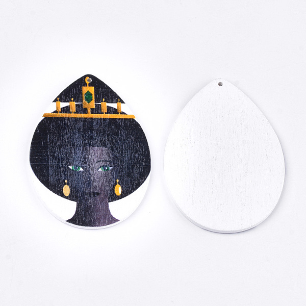 

PandaHall Printed Wooden Big Pendants, Dyed, Teardrop with Woman, Colorful, 64.5x46x2.5mm, Hole: 1.2mm Wood Teardrop