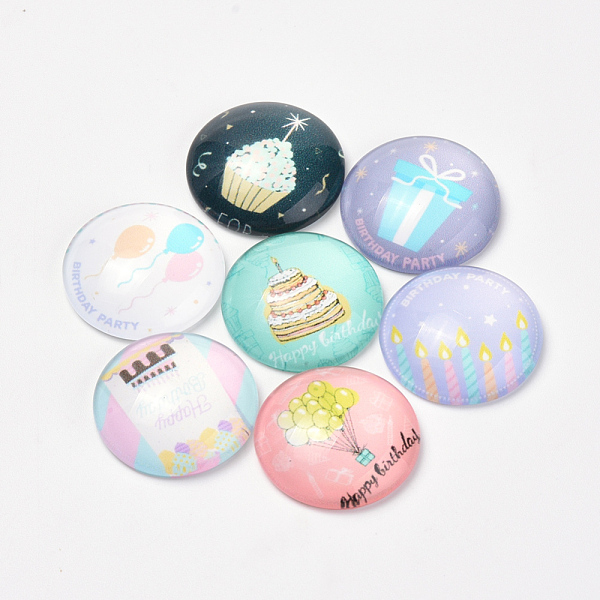 

PandaHall Printed Glass Flat Back Cabochons, Dome/Half Round, Birthday Theme, Mixed Color, 12x4mm Glass Half Round Multicolor