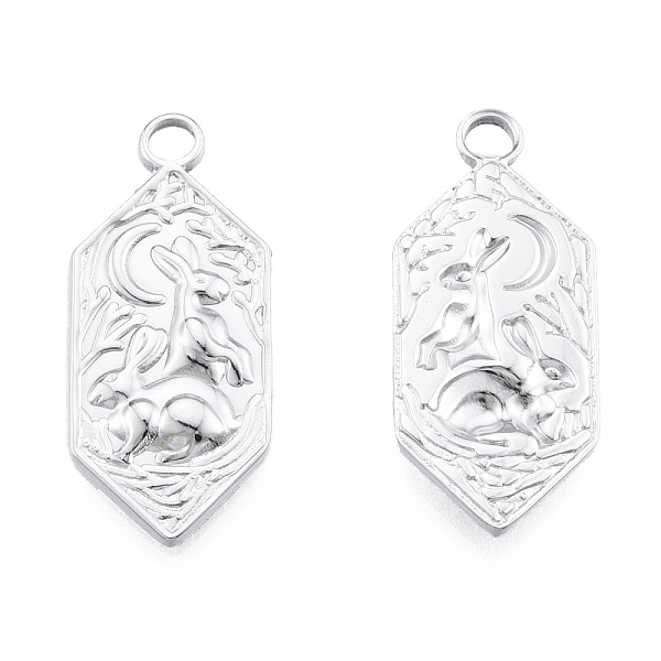 

PandaHall 201 Stainless Steel Pendants, Hexagon with Rabbit, Stainless Steel Color, 28x12x2.5mm, Hole: 2.5mm 201 Stainless Steel Hexagon
