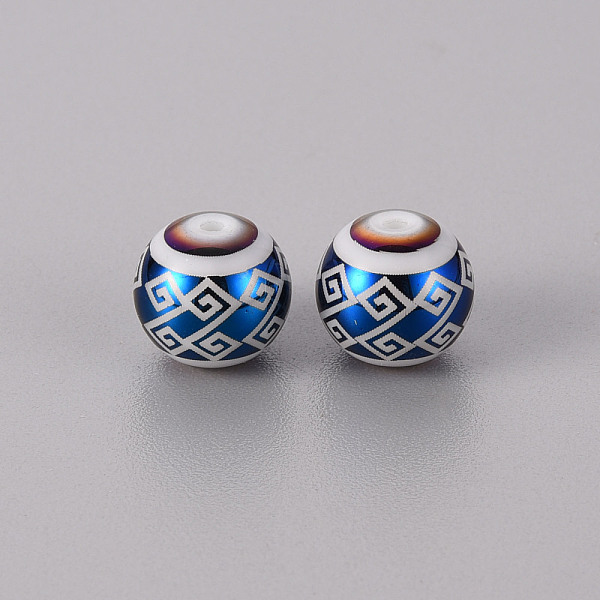 

PandaHall Electroplate Glass Beads, Round with Geometric Hellenic Fret Pattern, Blue Plated, 10mm, Hole: 1.2mm Glass Others