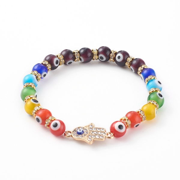 PandaHall Chakra Jewelry, Alloy Rhinestone Hamsa Hand Link Bracelets, Stretch Beaded Bracelets, with Evil Eye Lampwork Beads and Brass...