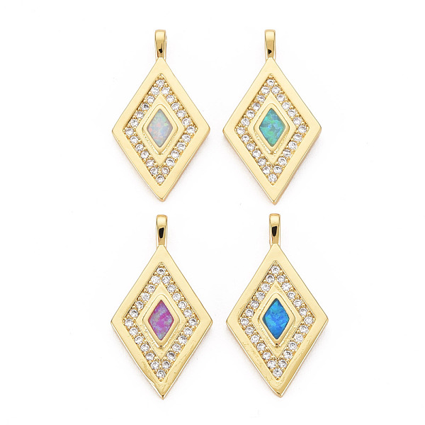 

PandaHall Brass Cubic Zirconia Pendants, with Natural Opal, Real 18K Gold Plated, Rhombus, Nickel Free, Mixed Color, 23x12.5x3.5mm, Hole..., Multicolor