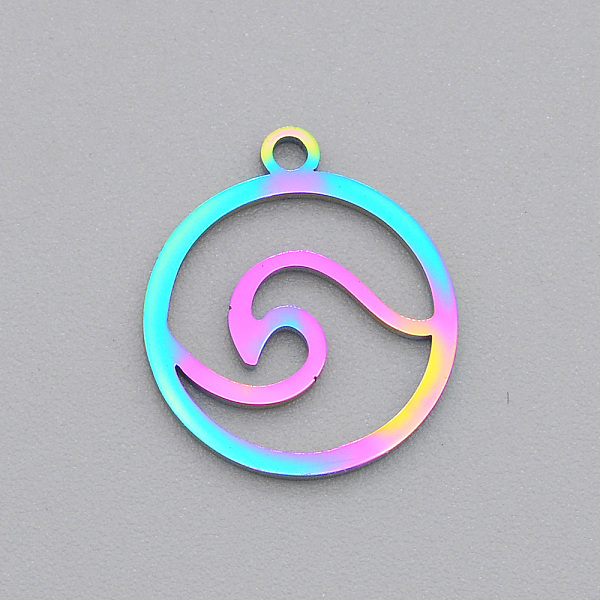 

PandaHall Ion Plating(IP) 201 Stainless Steel Charms, Laser Cut, Ring with Waved, Rainbow Color, 14x12x1mm, Hole: 1.2mm 201 Stainless Steel...
