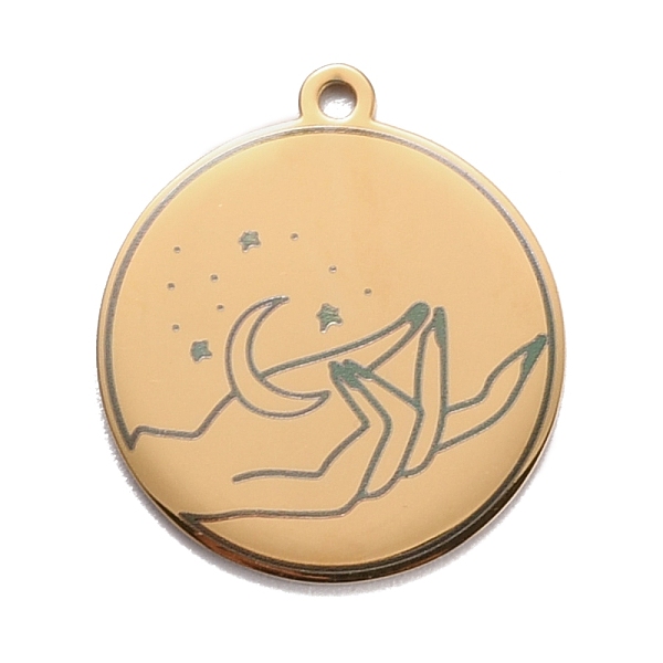 

PandaHall 304 Stainless Steel Pendants, Flat Round with Moon & Hand, Golden, 28x25x1.4mm, Hole: 2mm 304 Stainless Steel Flat Round
