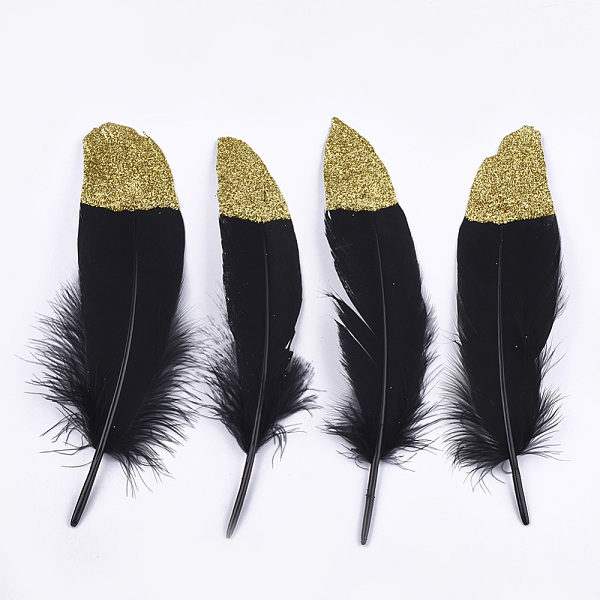 PandaHall Goose Feather Costume Accessories, Dyed, with Glitter Powder, Black, 170~220x41~51mm, about 100pcs/bag Feather Feather Black