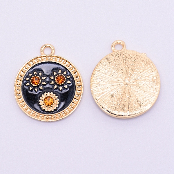 

PandaHall Alloy Enamel Pendants, with Rhinestone, Lead Free & Cadmium Free, Flat Round with Daisy, Light Gold, Black, 23x19.5x3mm, Hole: 2mm...