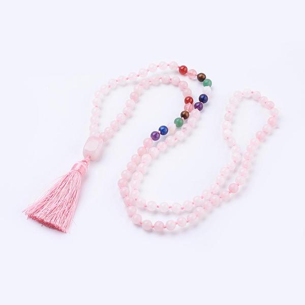 

PandaHall Natural Rose Quartz Tassel Pendant Necklaces, with Gemstone Beads, Chakra Necklaces, 40.5 inch(103cm) Rose Quartz