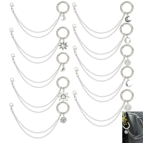 

PandaHall 10Pcs 10 Style 304 Stainless Steel Decorative Shoe Chains, with Zinc Alloy Lobster Claw Clasps & Moon Sun Charms, Platinum, 202mm...