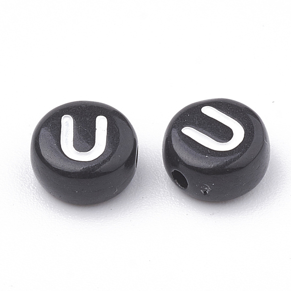 

PandaHall Opaque Acrylic Beads, Letter Style, Horizontal Hole, Flat Round, Letter.U, 7x4mm, Hole: 1.5mm Acrylic Flat Round Black