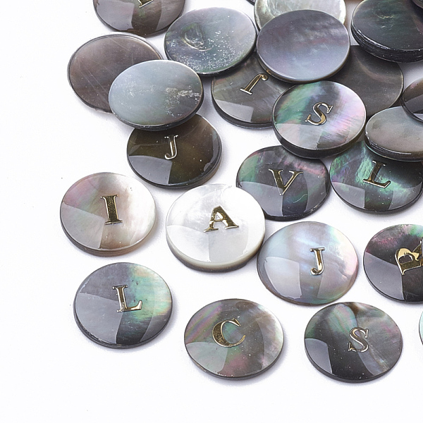 

PandaHall Black Lip Shell Cabochons, Flat Round with Initial Letter, Black, 10x1~3mm Black Lip Shell Letter Black