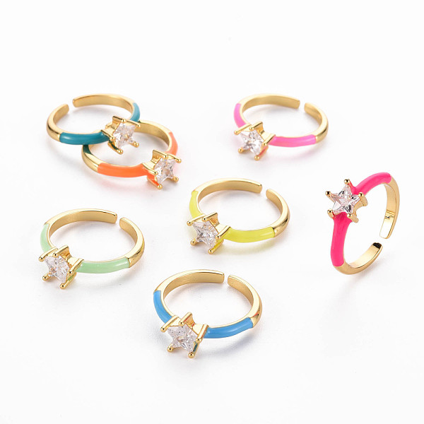 

PandaHall Brass Enamel Cuff Rings, Open Rings, Solitaire Rings, with Clear Cubic Zirconia, Nickel Free, Star, Golden, Mixed Color, US Size 7..., Multicolor