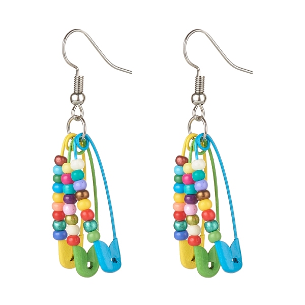 pandahall glass seed beaded safety pins long dangle earrings, beads chandelier earrings for women, colorful, 52mm, pin: 0.6mm glass