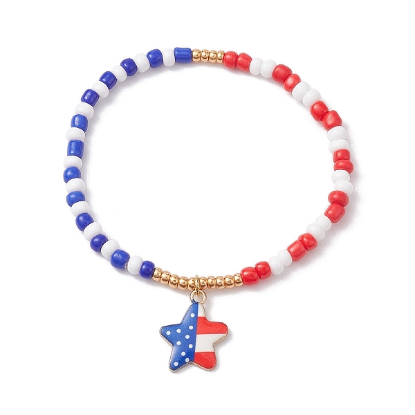

PandaHall Glass Seed Beaded Stretch Bracelet, Independence Day Bracelet with Alloy Enamel Star Charms, Colorful, Inner Diameter: 2 inch..., Red