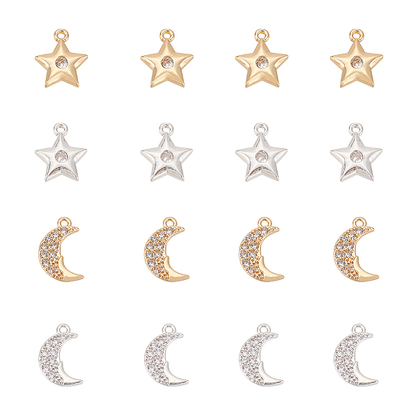 PandaHall arricraft 16 Pieces 2 Colors Cubic Zirconia Star and Moons Charms, Light Gold Rhinestone Charms Micro Crystal Celestial Beads for...