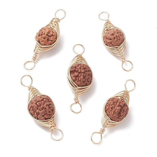 

PandaHall Natural Rudraksha Copper Wire Wrapped Connector Charms, Oval Links, Undyed, Golden, 25~33x10~11.5x9~10mm, Hole: 4mm Wood Oval