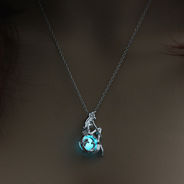 PandaHall Alloy Mermaid Cage Pendant Necklace with Synthetic Luminaries Stone, Glow In The Dark Jewelry for Women, Cyan, 17.72 inch(45cm)...