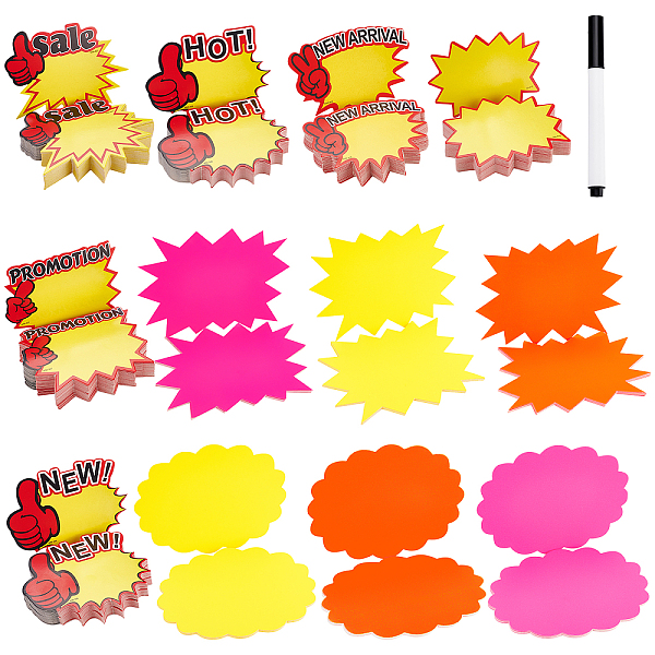 

PandaHall 12 Bags 12 Style Explosive Shape & Word Blank Signs Sales Price Label Tags, with 1Pcs Plastic Erasable Pen, for Retail Store..., Multicolor