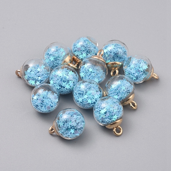 

PandaHall Transparent Glass Globe Pendants, with Plastic Paillette/Sequins Beads inside & CCB Plastic Pendant Bails, Round with Star, Light..., Blue