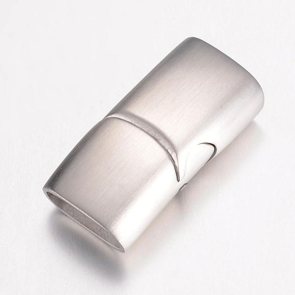 Tarnish Resistant 304 Stainless Steel Magnetic Clasps with Glue-in Ends, Frosted, Rectangle, Stainless Steel Color, 24x12x7.5mm, Hole: 5x10mm