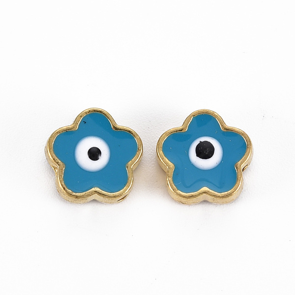 

PandaHall Rack Plating Alloy Enamel Beads, Cadmium Free & Lead Free, Flower with Evil Eye, Sky Blue, 8x8.5x3~4mm, Hole: 1.2mm Alloy+Enamel...