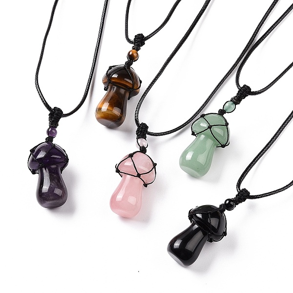

PandaHall Natural Gemstone Mushroom Pendant Necklace, Wax Rope Macrame Pouch Braided Necklace for Women, 29.92 inch(76cm) Mixed Stone