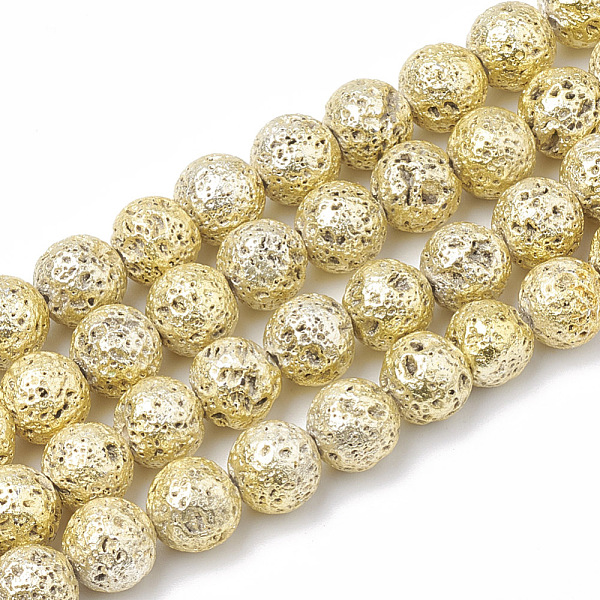 

PandaHall Electroplated Natural Lava Rock Beads Strands, Round, Bumpy, Light Khaki, 8~8.5mm, Hole: 1mm, about 46pcs/strand, 14.5 inch Lava...