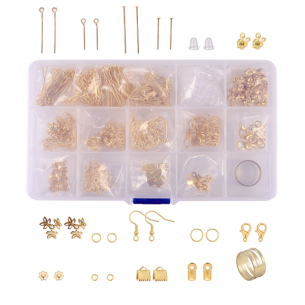 

PandaHall DIY Jewelry Findings, with Iron Head Pins & Eye Pins & Folding Crimp Ends & Ribbon Ends & Earring Hooks & Bead Caps & Bead Tips &...