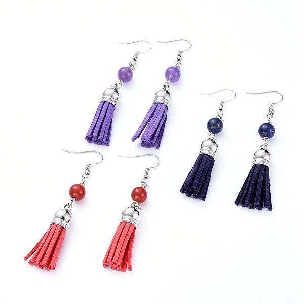 

PandaHall Faux Suede Tassel Dangle Earrings, with Natural Gemstone Beads and 304 Stainless Steel Earring Hooks, Mixed Color, 75mm Faux Suede..., Multicolor