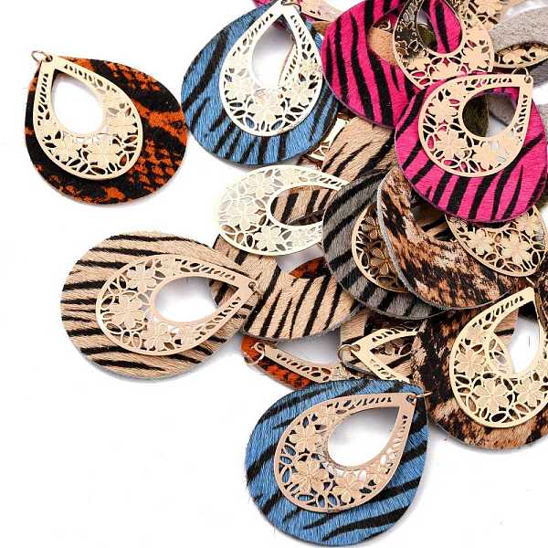 

PandaHall Eco-Friendly Cowhide Leather with Alloy Pendants, with Jump Ring, Teardrop, Golden, Mixed Color, 50.5~51.5x42.5x1.5mm, Hole: 4.5mm..., Multicolor