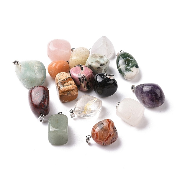 

PandaHall Natural Mixed Stone Pendants, Geometric Charms, with Platinum Tone Iron Snap on Bails, Mixed Shapes, 21.5~32x14~23.5x11~19mm, Hole...