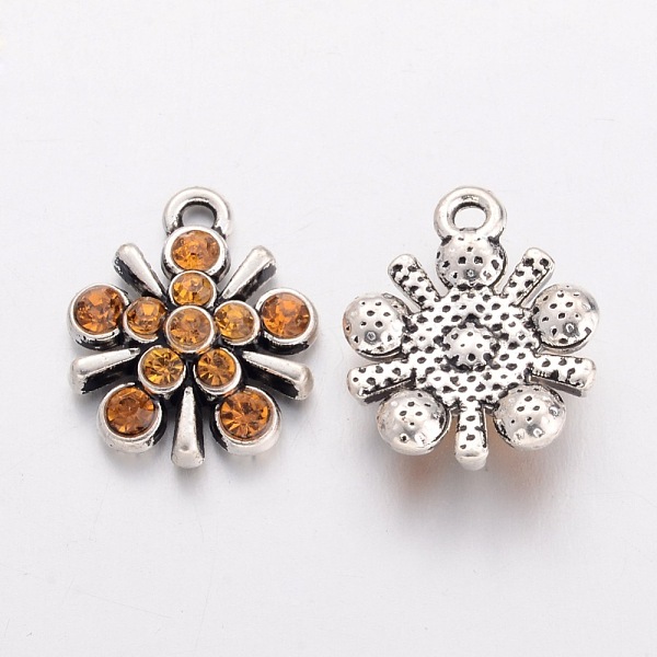 

PandaHall Flower Antique Silver Tone Alloy Rhinestone Pendants, Topaz, 19x15x5mm, Hole: 1mm Alloy+Rhinestone Flower Yellow