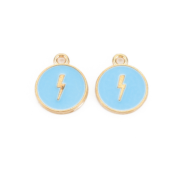 

PandaHall Alloy Enamel Pendants, Cadmium Free & Lead Free, Light Gold, Flat Round with Lightning, Light Sky Blue, 16x13x2mm, Hole: 1.6mm...