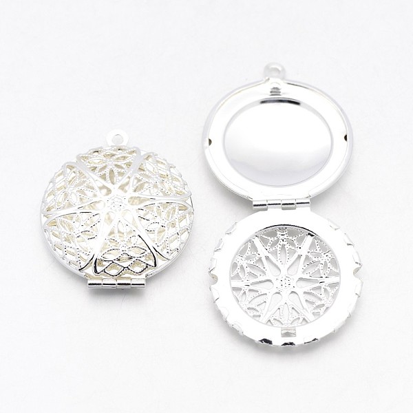 PandaHall Flat Round Brass Diffuser Locket Pendants, Photo Frame Charms for Necklaces, Silver Color Plated, 27x7mm, Hole: 2mm Brass Flat...