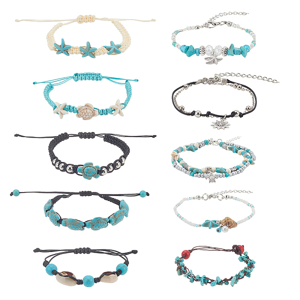

PandaHall ANATTASOUL 10Pcs 10 Style Synthetic Turquoise & Natural Shell & Seed Braided Bead Bracelet & Anklet, Alloy Starfish Ocean Theme..., Multicolor