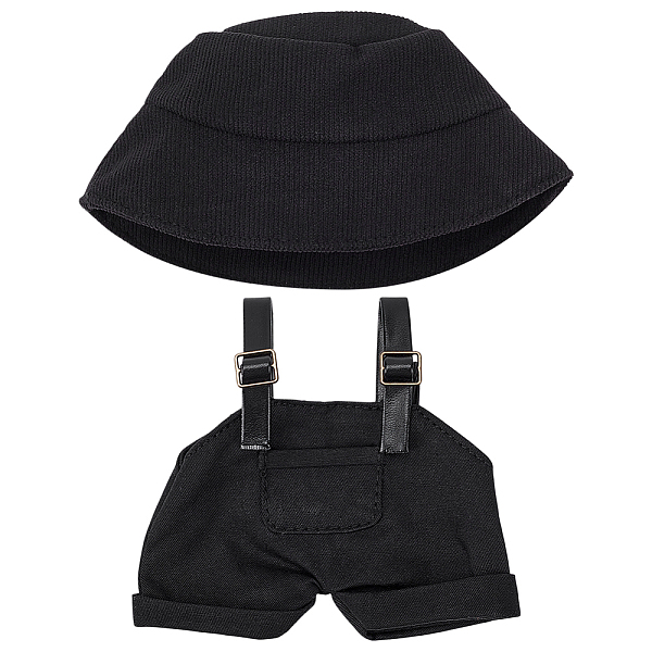 1 pantalon à bretelles en coton et cuir PU et 1 chapeaux en tissu pour accessoires de poupées