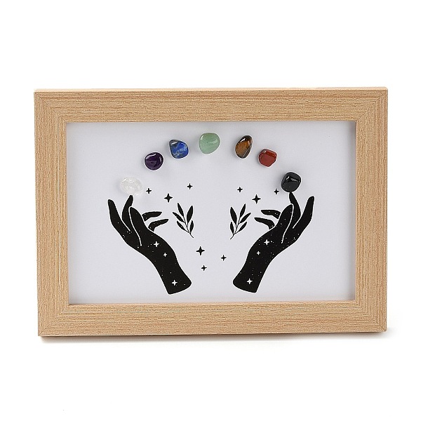 

PandaHall Hand Pattern Gemstone Chakra Picture Frame Stand, with Wood Rectangle Picture Frame, Reiki Energy Stone Home Office Decoration..., Orange