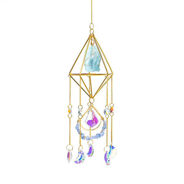 

PandaHall Golden Iron Wind Chime, with Natural Aquamarine, Crystal, for Outside Yard and Garden Decoration, 450mm, Hole: 11mm Aquamarine