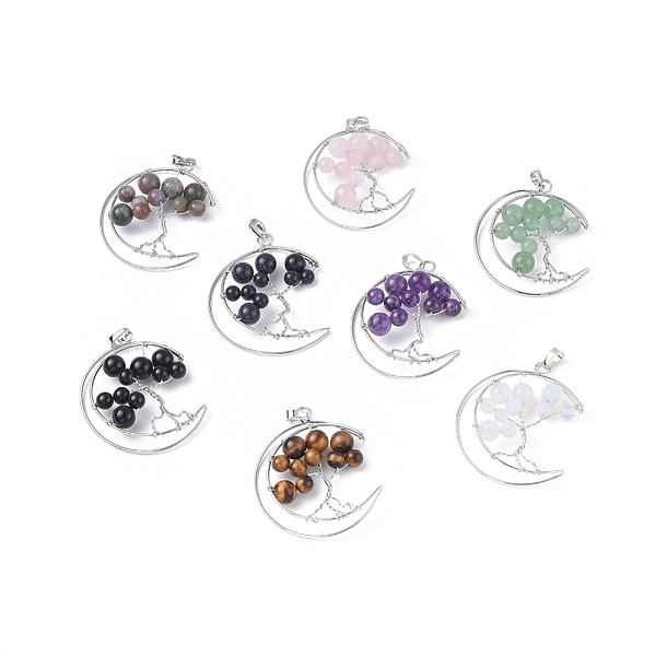 

PandaHall Natural & Synthetic Mixed Gemstone Big Pendants, with Platinum Tone Brass Findings, Moon with Tree, 50~53x41~43x8~10mm, Hole...
