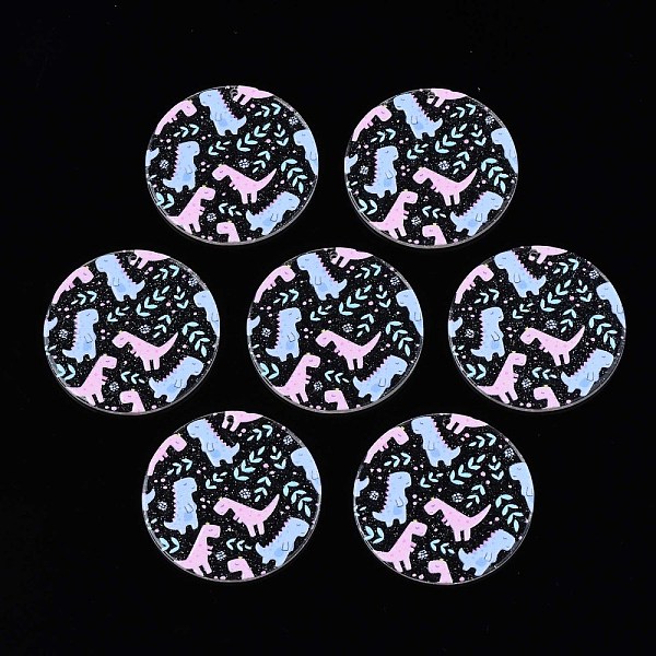 PandaHall Transparent Printed Acrylic Pendants, with Glitter Powder, Flat Round with Dinosaur, Pink, 38x2.5mm, Hole: 1.4mm Acrylic Flat...