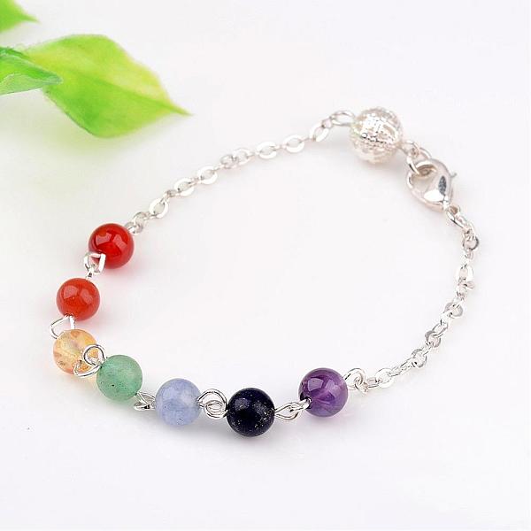 

PandaHall Chakra Jewelry Natural Gemstone Round Bead Link Bracelets, with Brass Cable Chains and Lobster Claw Clasps, Silver Color Plated...
