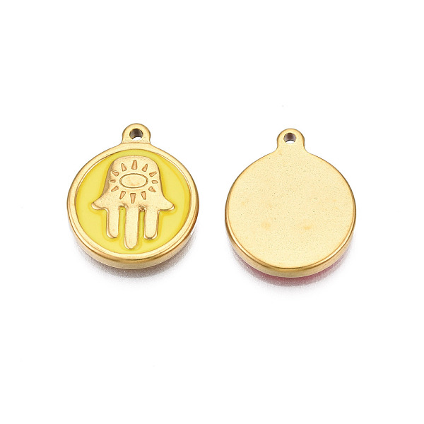 

PandaHall 304 Stainless Steel Enamel Pendants, Real 18K Gold Plated, Flat Round with Hamsa Hand, Yellow, 18x15x2.5mm, Hole: 1.2mm Stainless...