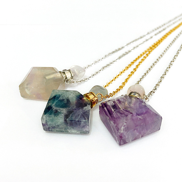 PandaHall Natural Fluorite Perfume Bottle Pendant Necklaces, with Brass Cable Chains, Lobster Claw Clasps and Plastic Dropper, Rhombus...
