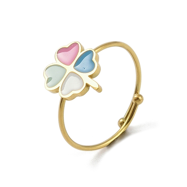 

PandaHall Clover 304 Stainless Steel Enamel Ring, 316 Surgical Stainless Steel Open Cuff Ring for Women, Real 18K Gold Plated, Adjustable...