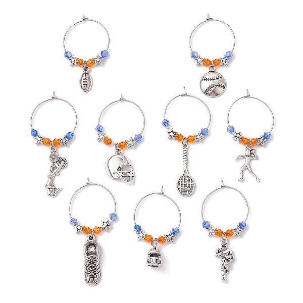 

PandaHall Sports Theme Tibetan Style Alloy Wine Glass Charms, with Imitate Austrian Crystal Bicone Glass Beads, Mixed Shapes, Mixed Shapes...