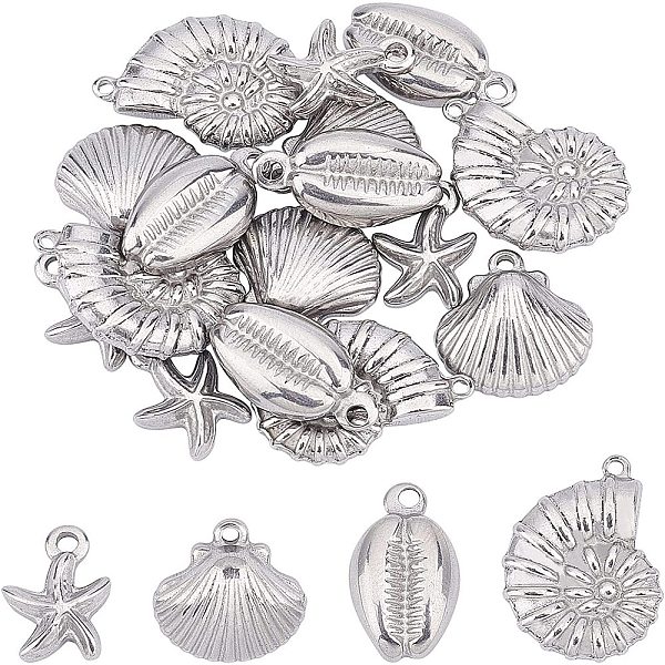 PandaHall UNICRAFTALE 16pcs 4 Styles Cowrie Shell/Starfish/Shell Charms Stainless Steel Charm Metal Small Hole Pendants for Jewelry Making...