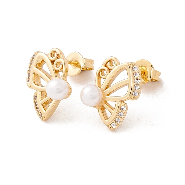 

PandaHall Clear Cubic Zirconia Butterfly Stud Earrings with Acrylic Pearl, Brass Jewelry for Women, Lead Free & Cadmium Free, Real 18K Gold..., White
