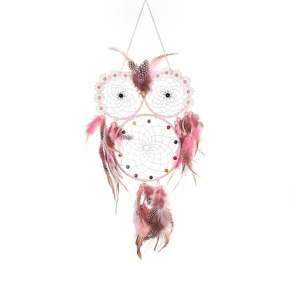 

PandaHall Owl Woven Web/Net with Feather Hanging Ornaments, Iron Ring for Home Living Room Bedroom Wall Decorations, Hot Pink, 590mm Feather...