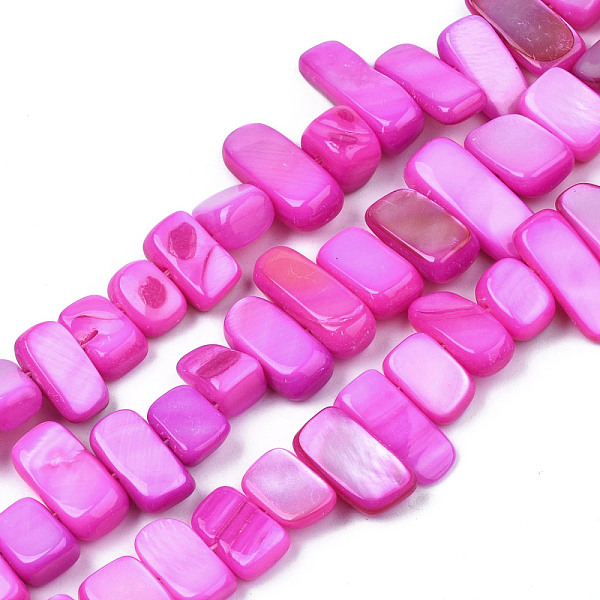 

PandaHall Natural Trochid Shell/Trochus Shell Beads Strands, Dyed, Rectangle, Magenta, 6~11x6~36x1~7mm, Hole: 1mm, about 45~55pcs/strand..., Pink