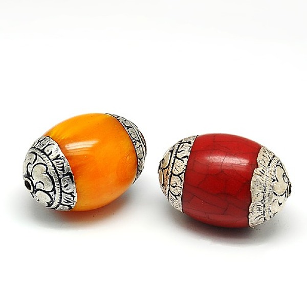 

PandaHall Handmade Tibetan Style Beads, Thailand 925 Sterling Silver with Turquoise or Beeswax, Barrel, Antique Silver, Mixed Color..., Multicolor